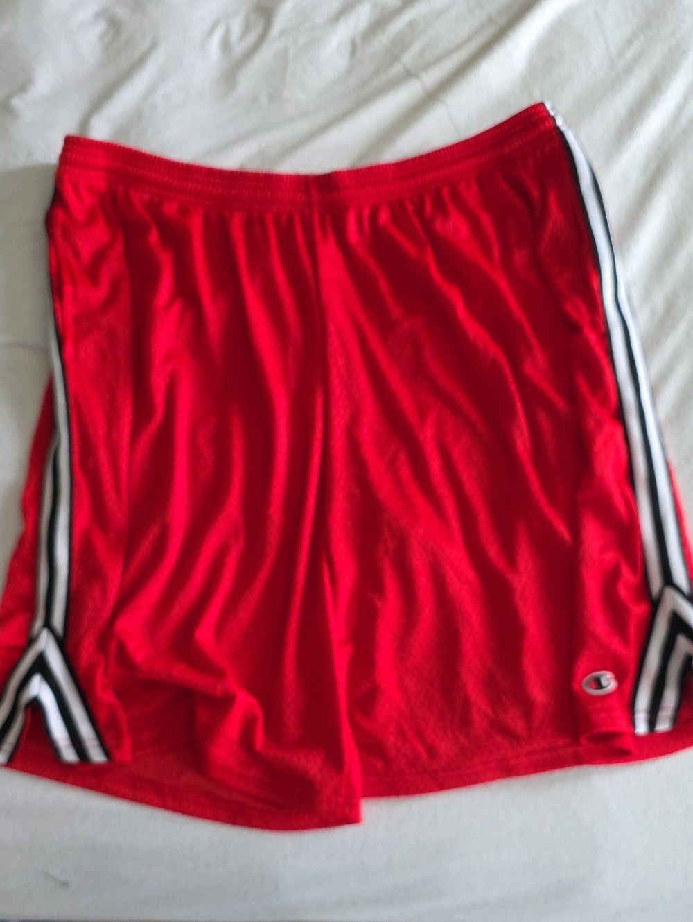 Champion Red Athletic Shorts with Black and White Side Stripes